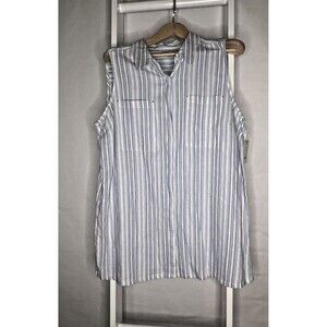 Dana Buchman Shirt Womens XL Blue White Stripe Sleeveless Long Button Up NEW